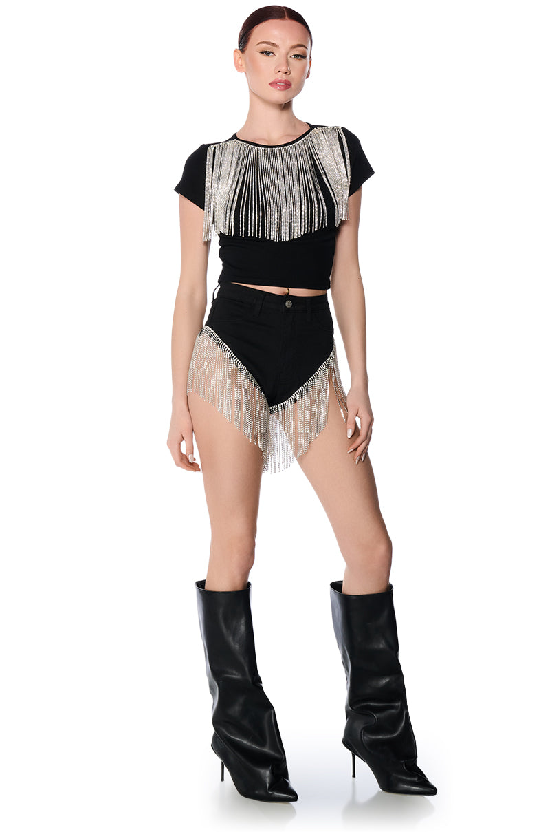 Back View Gonna Love Me Waterfall Rhinestone Denim Short