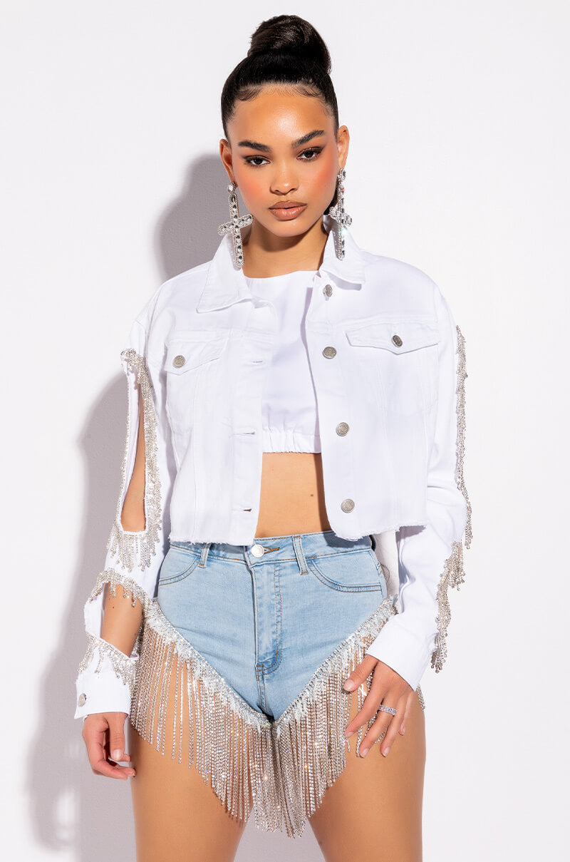 Back View Gonna Love Me Waterfall Rhinestone Denim Short