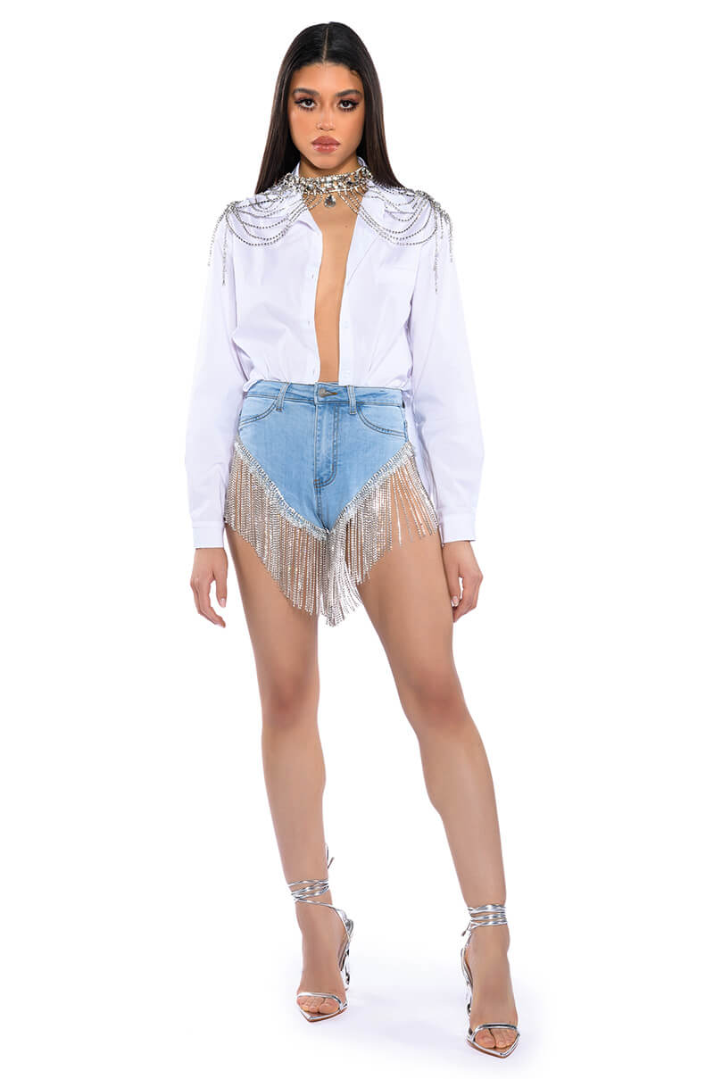 Back View Gonna Love Me Waterfall Rhinestone Denim Short