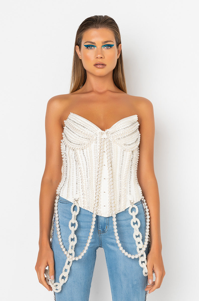 Front View Good Girl Gone Bad Pearl Corset in White