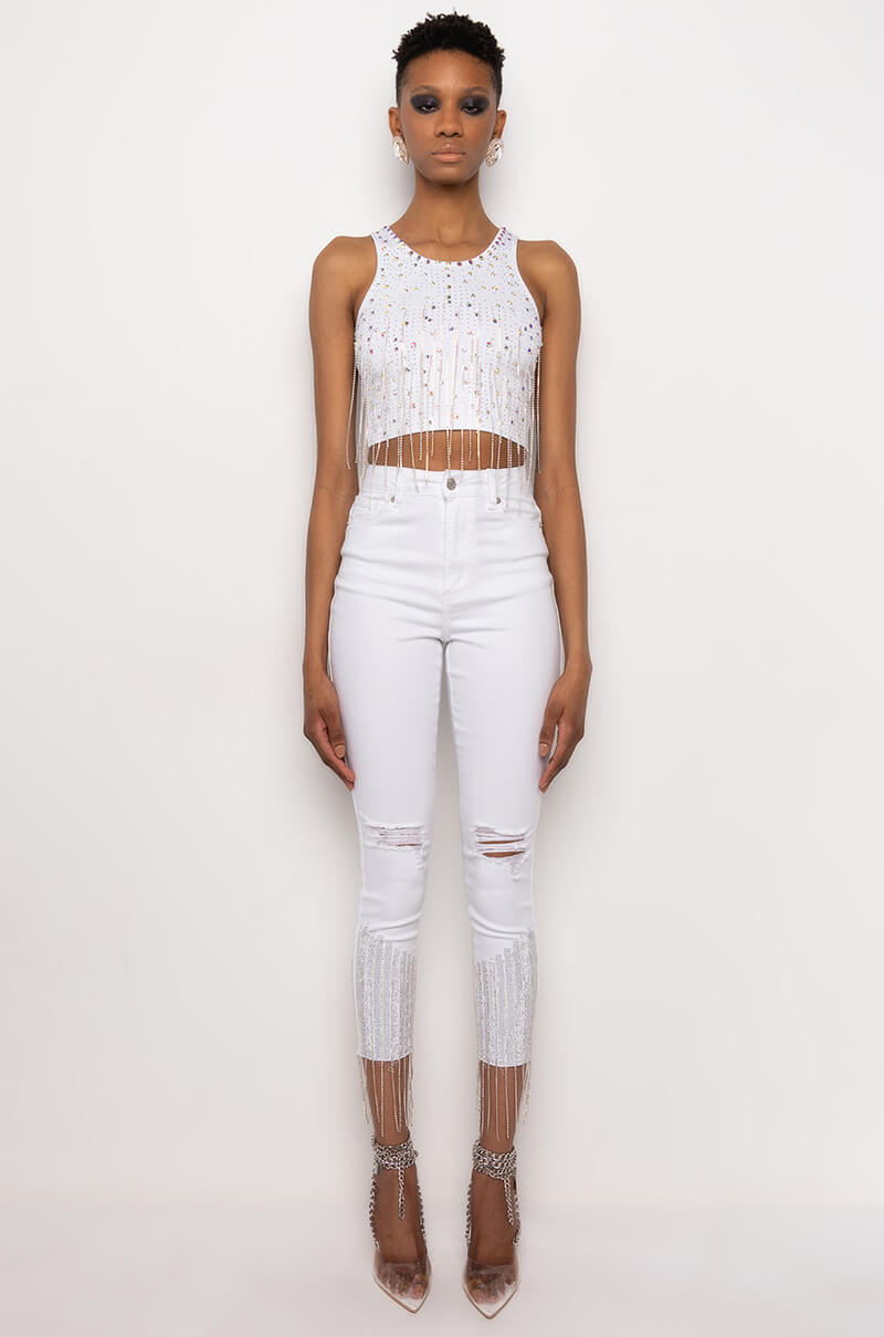Extra View Good High Waisted Rhinestone Fringe Skinny Jeans