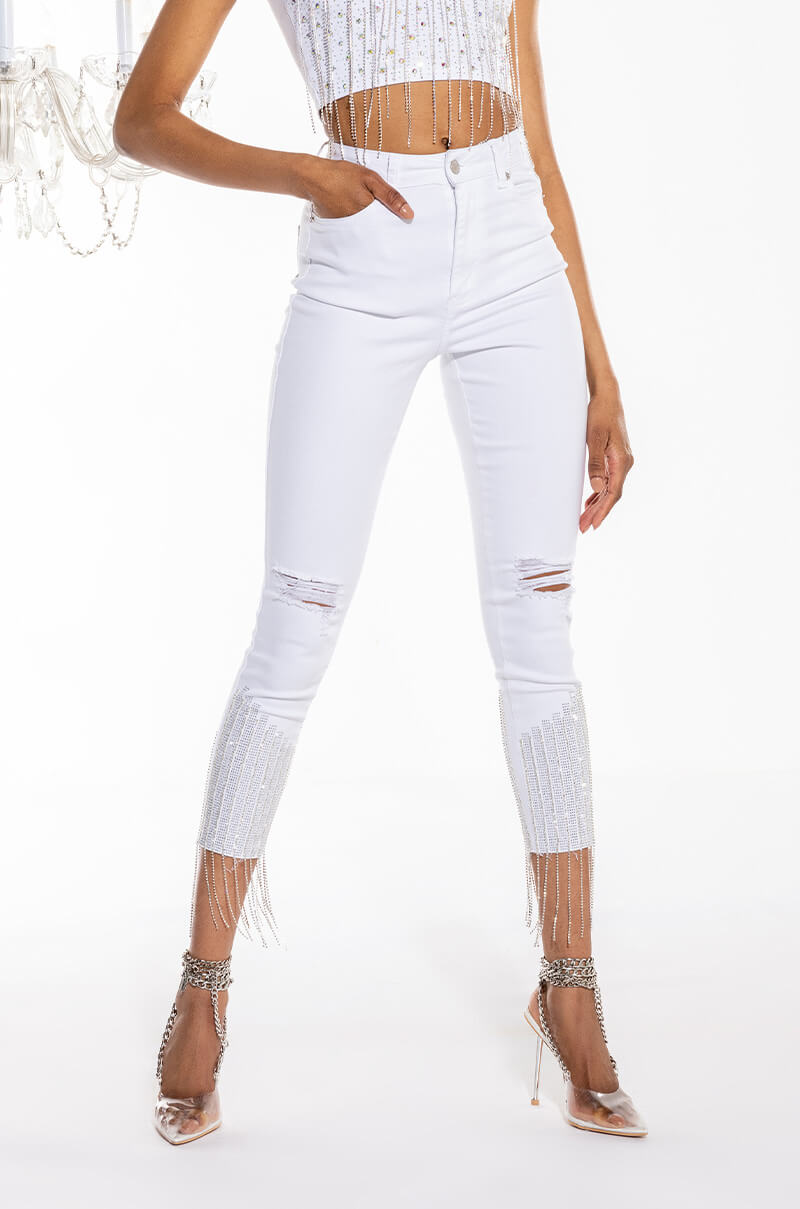 TOO GOOD HIGH WAISTED RHINESTONE FRINGE SKINNY JEANS view 0