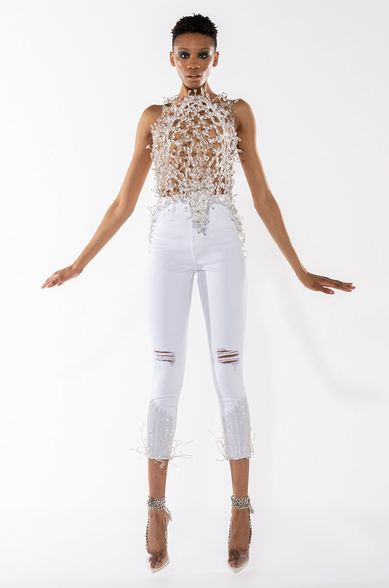 Side View Good High Waisted Rhinestone Fringe Skinny Jeans