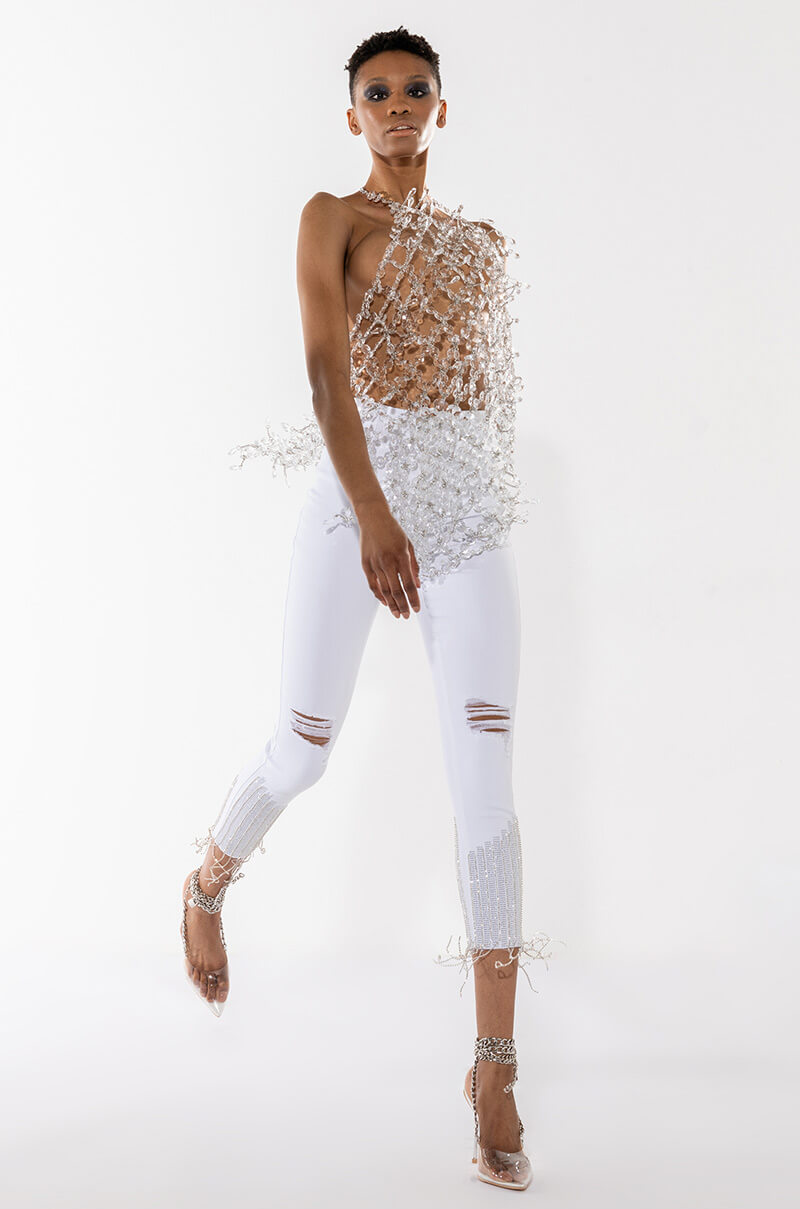 Back View Good High Waisted Rhinestone Fringe Skinny Jeans