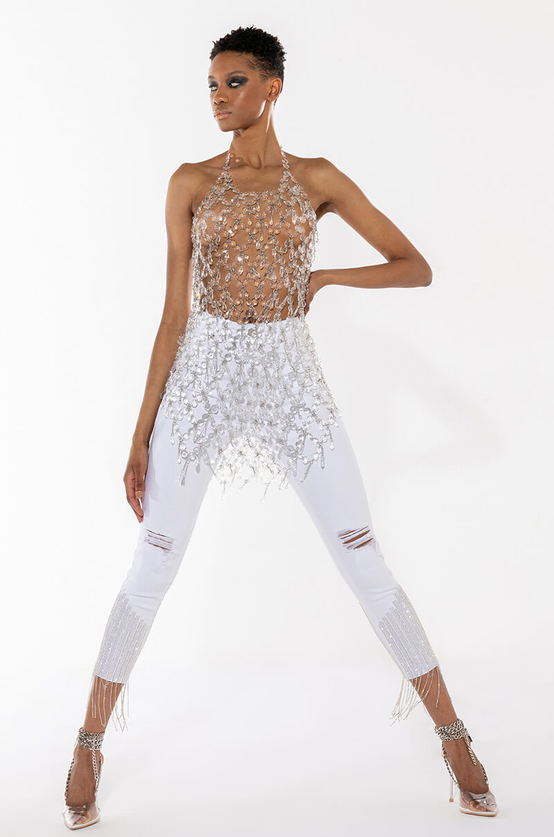 Full View Good High Waisted Rhinestone Fringe Skinny Jeans