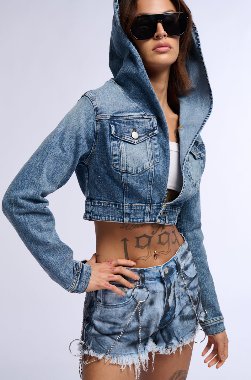 Side View Good In The Hood Cropped Denim Jacket