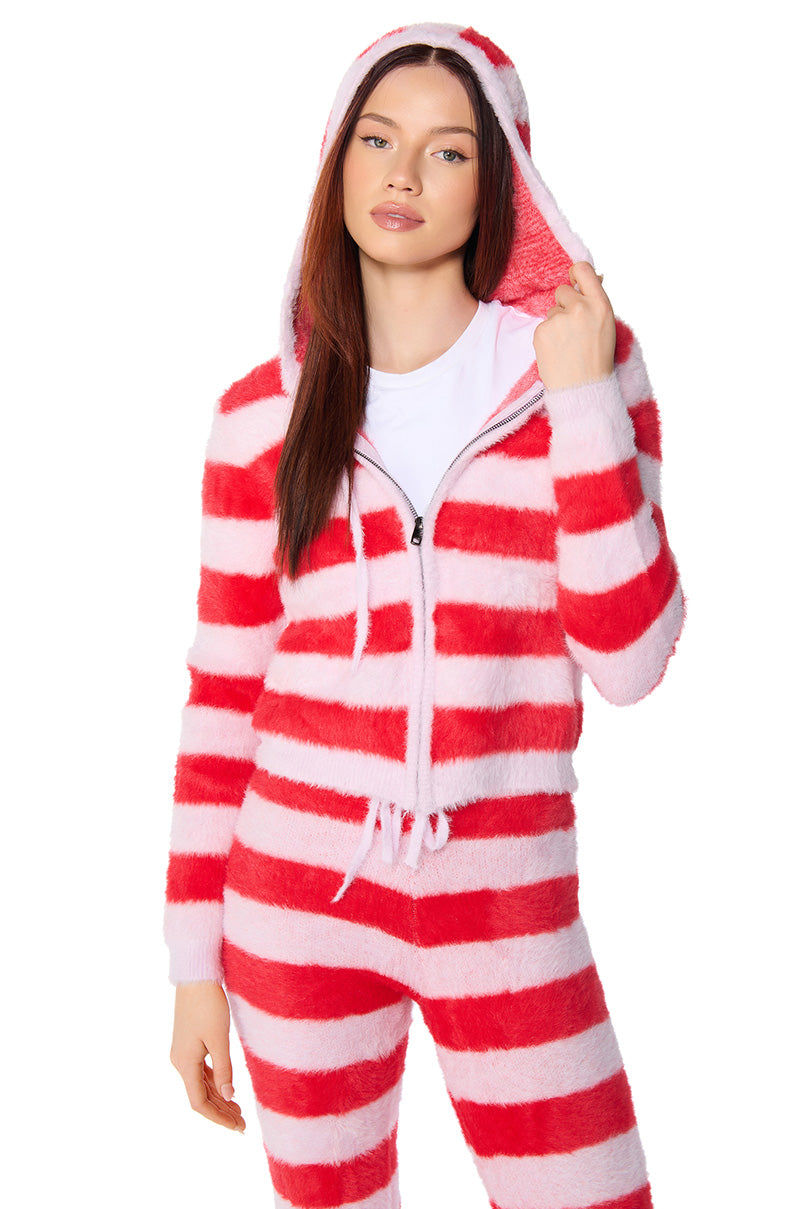 Front View Good Karma Fuzzy Zip Up Hooded Sweater