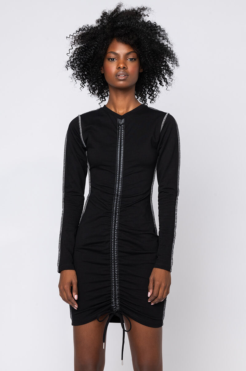 Front View Good Time Ruched Front Mini Dress in Black