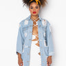 Front View Good To Be Bad Distressed Denim Jacket in Denim