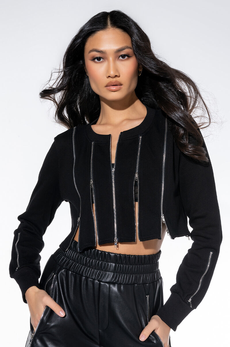 Front View Good Vibrations Zipper Detail Cropped Sweatshirt