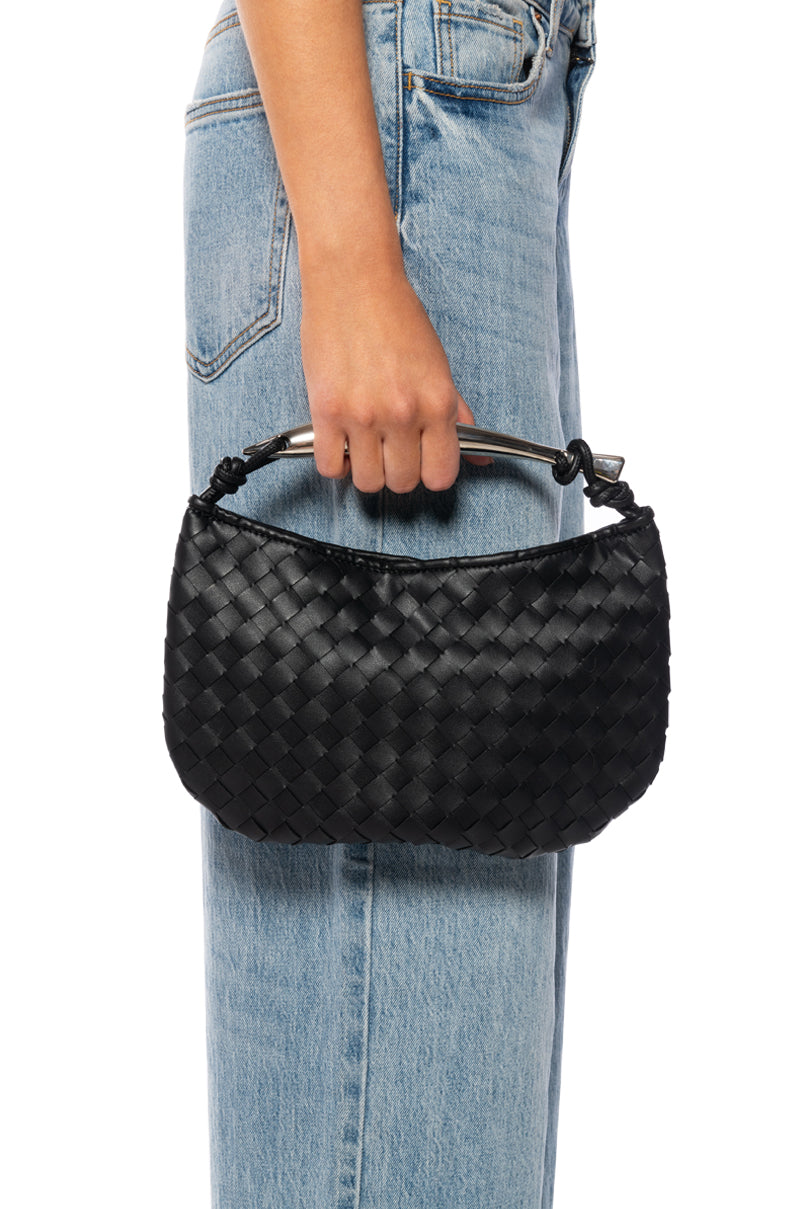 Front View Got A Handle On It Woven Pu Bag In Black