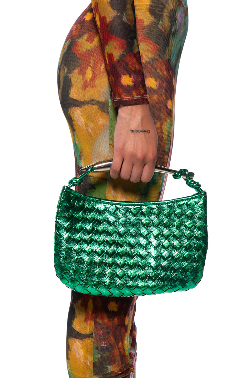 Front View Got A Handle On It Woven Pu Bag In Green