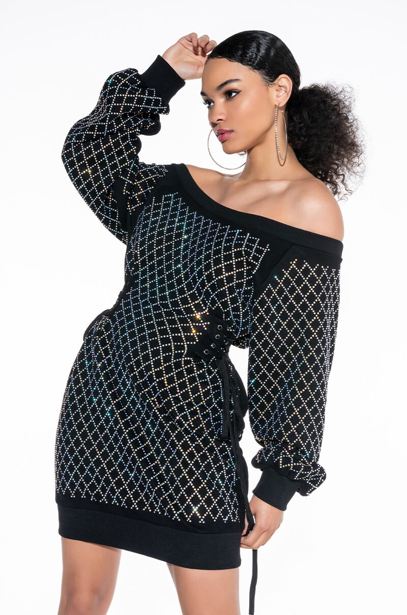 Front View Got It Girl Rhinestone Sweatshirt Dress