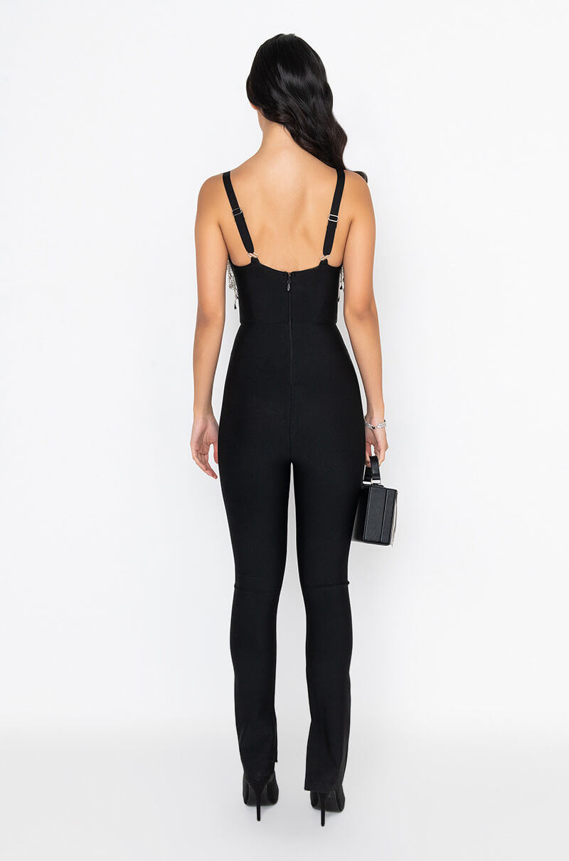Detail View Got It Good Bandage Jumpsuit With Rhinestone Fringe