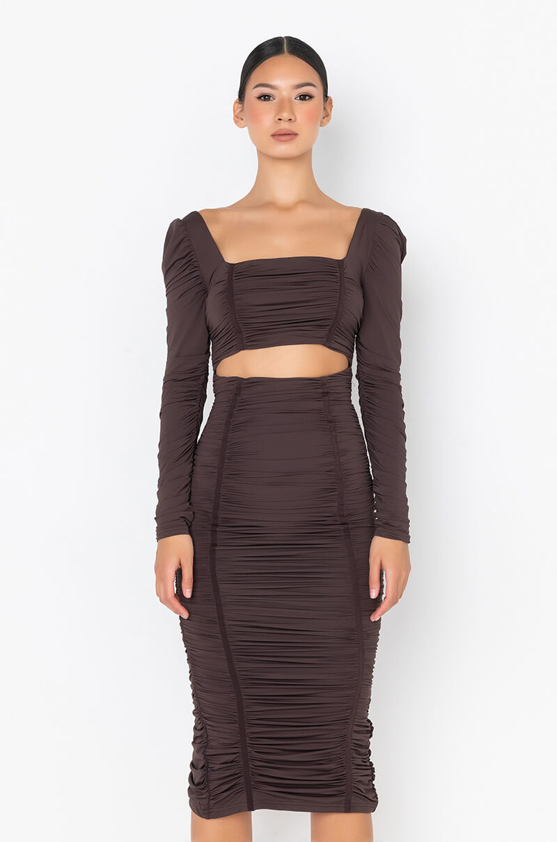 Front View Got Them Wonderin Long Sleeve Midi Ruched Dress