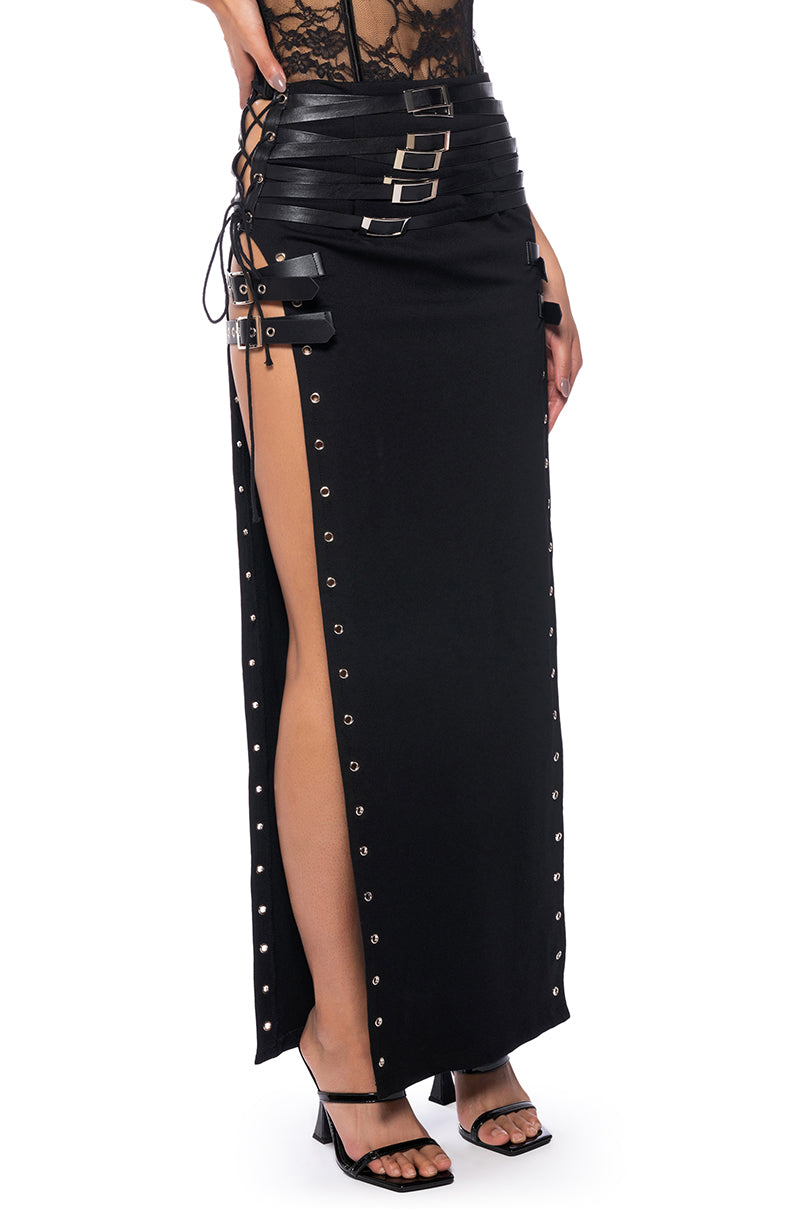 Front View Gothic Queen Lace Up Maxi Skirt