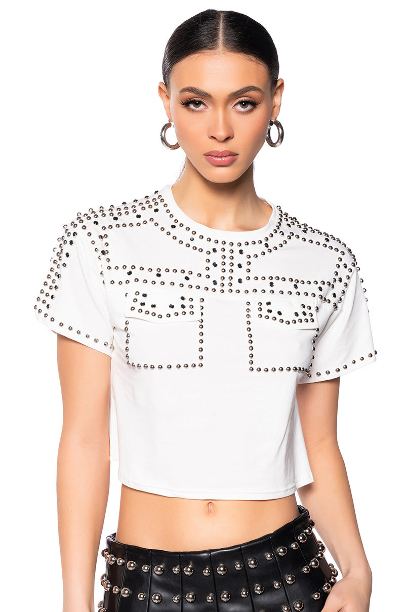 Front View Gracelyn Embellished T Shirt