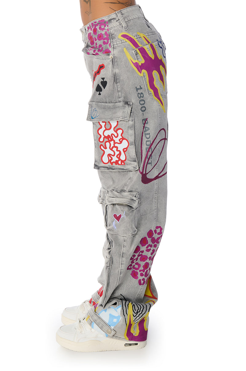 GRAFFITI DETAIL RELAXED LEG CARGO JEANS - Main Image