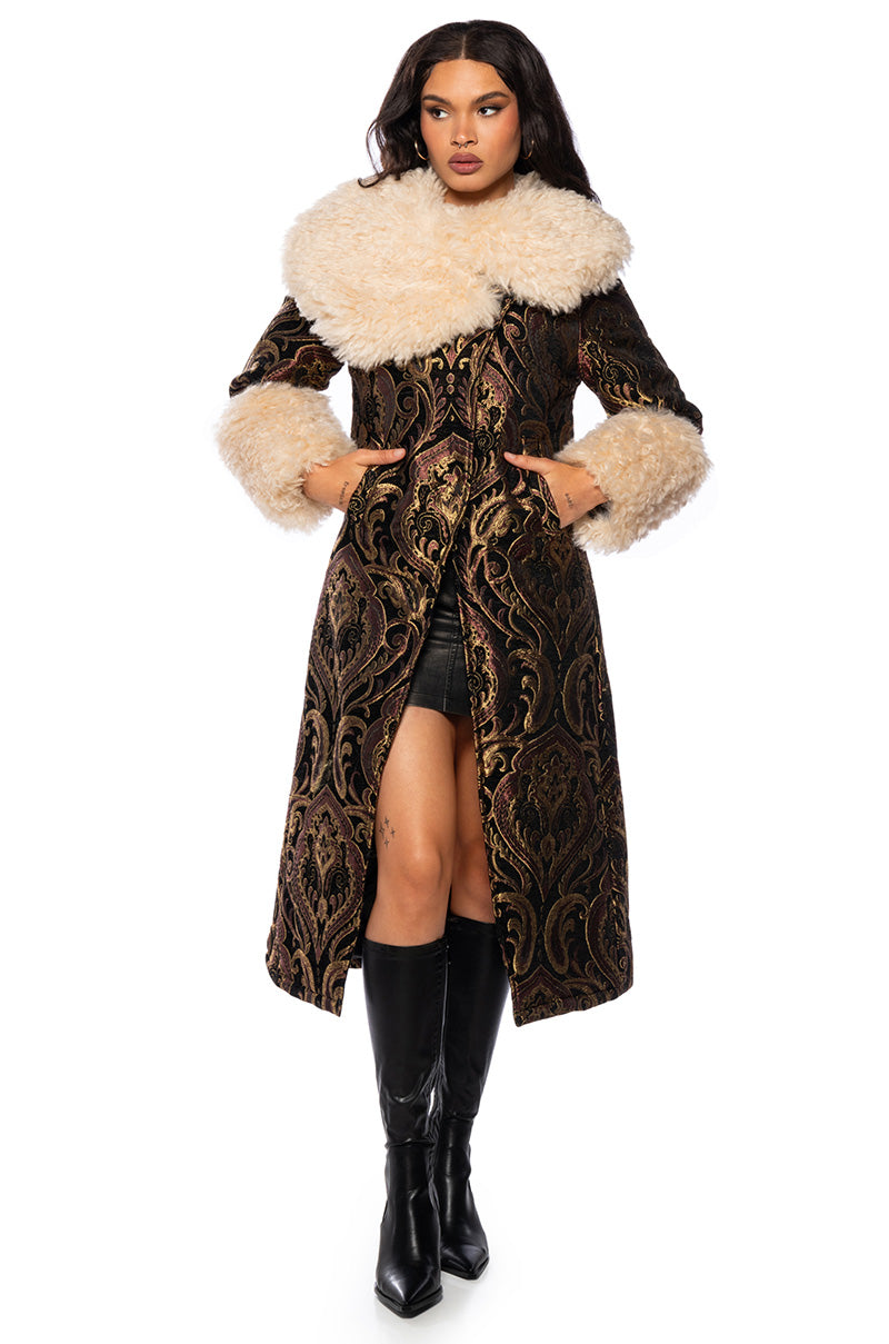 Front View Grand Bazaar Sherpa Brocade Trench Coat
