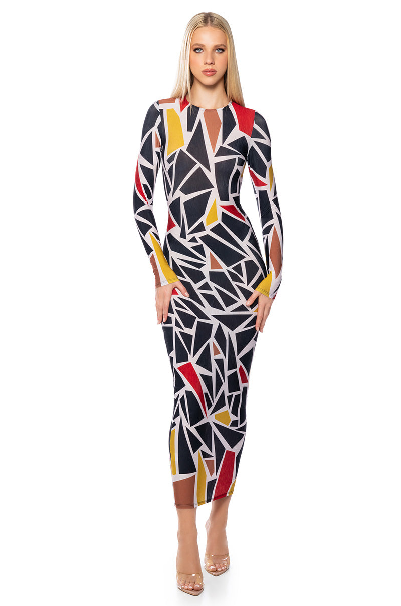Front View Graphic Glam Long Sleeve Maxi Dress In Black Multi 0