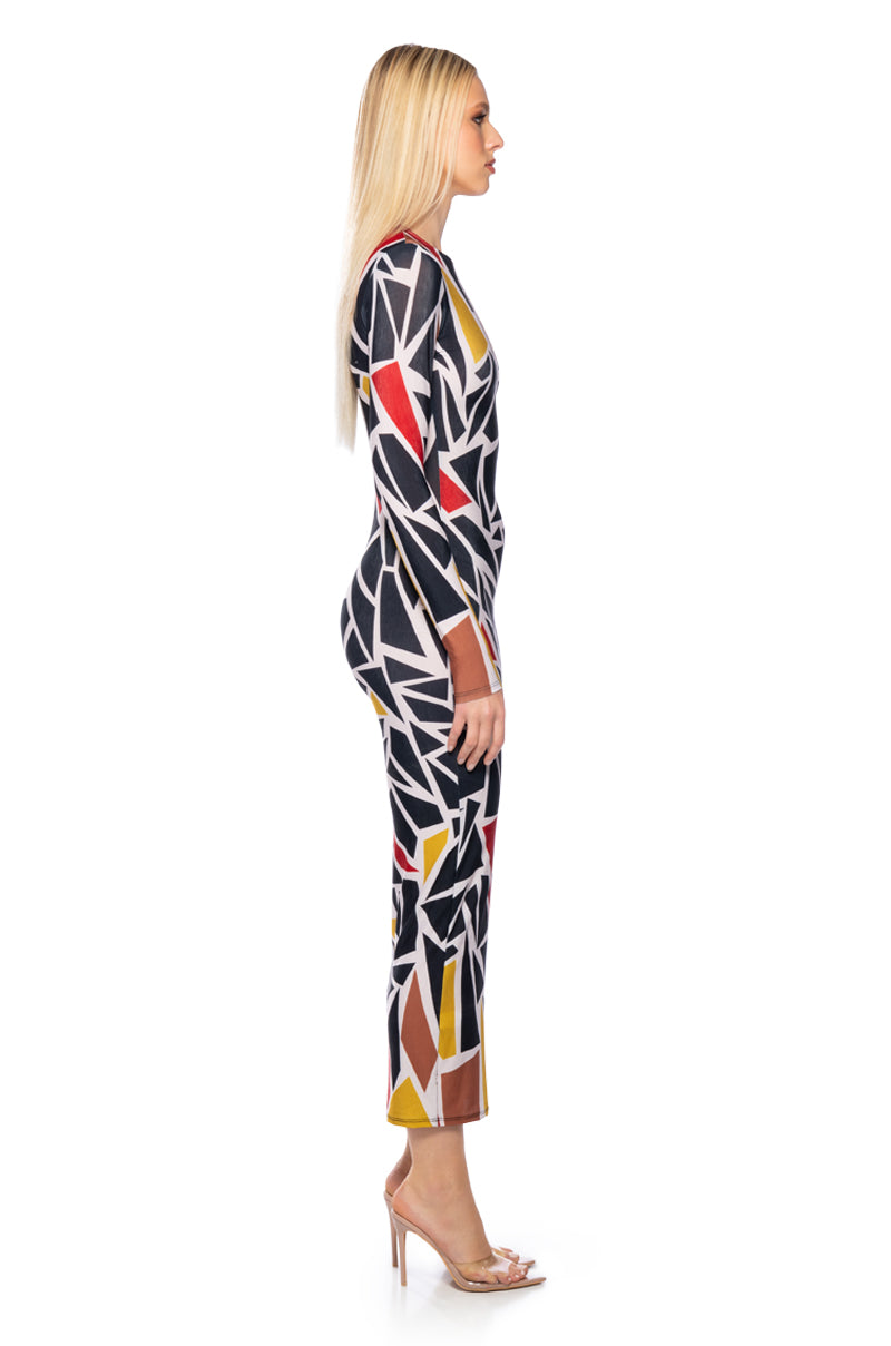 Side View Graphic Glam Long Sleeve Maxi Dress In Black Multi 1