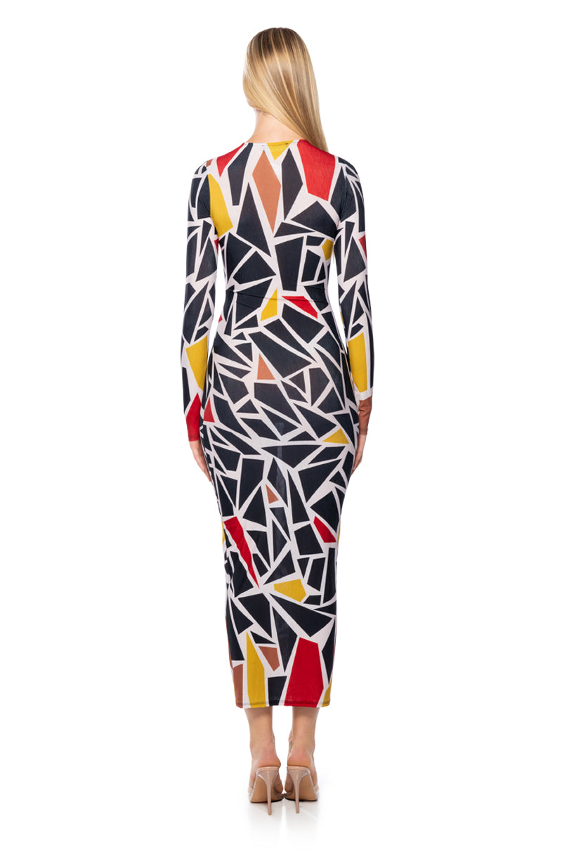 Back View Graphic Glam Long Sleeve Maxi Dress In Black Multi 2