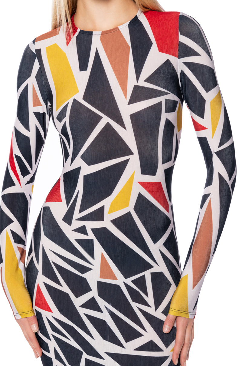 Detail View Graphic Glam Long Sleeve Maxi Dress In Black Multi 3