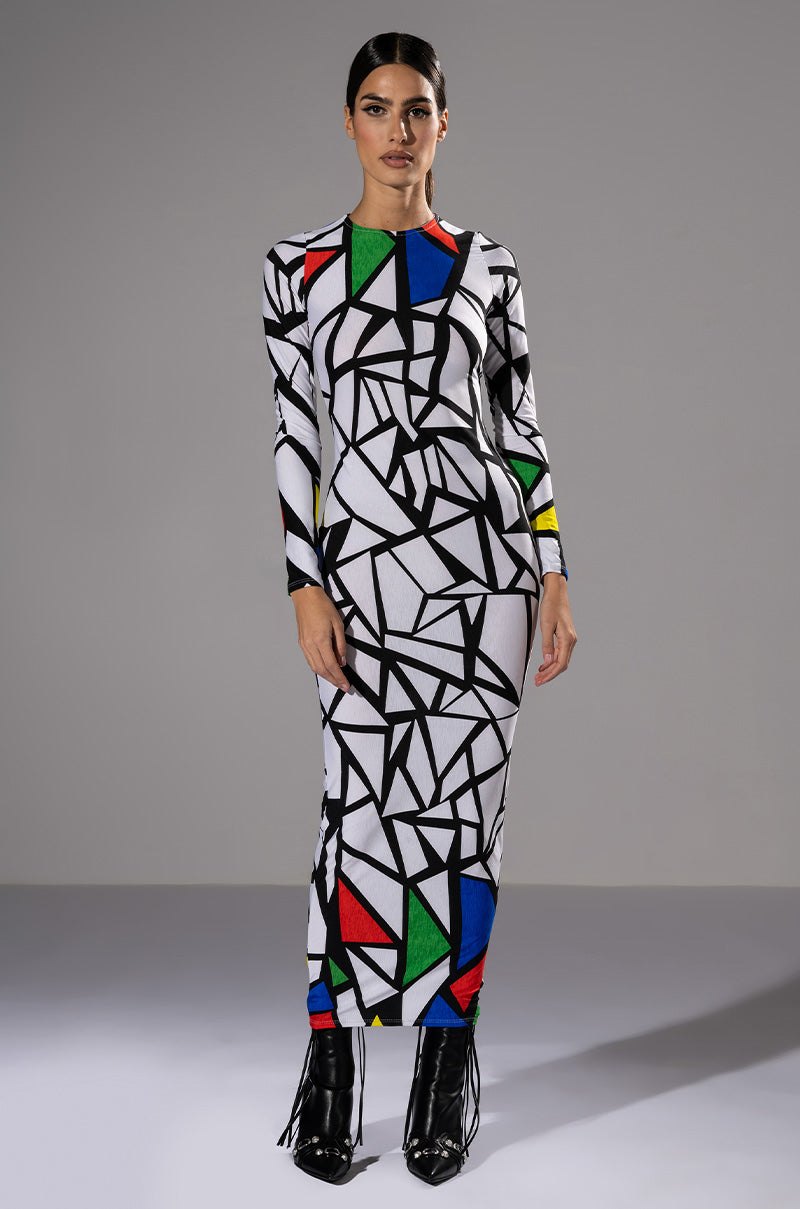 Front View Graphic Glam Long Sleeve Maxi Dress
