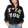 Front View Graphic Language Mineral Wash Zip Up Sweatshirt