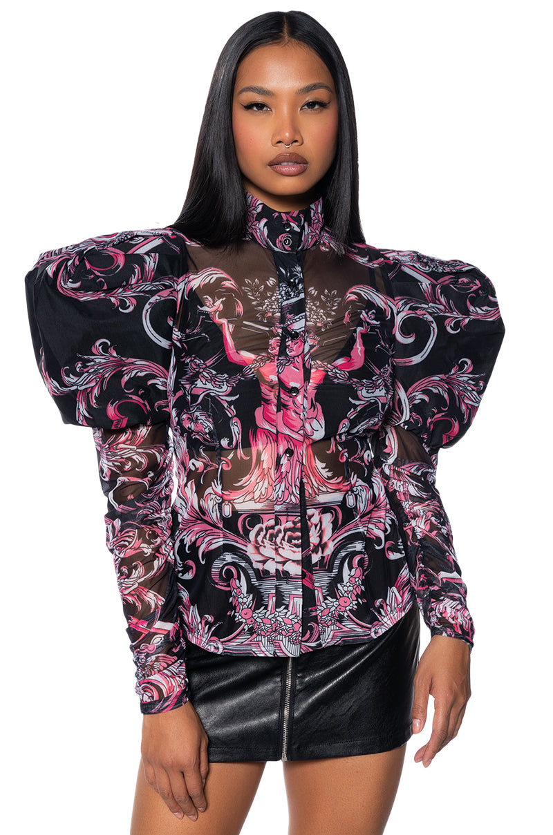 Front View Grecian Islands Puff Shoulder Mesh Button Down Blouse