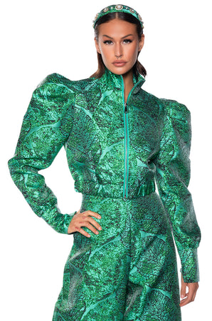 GREEN BROCADE PUFF SHOULDER BOMBER JACKET – AKIRA