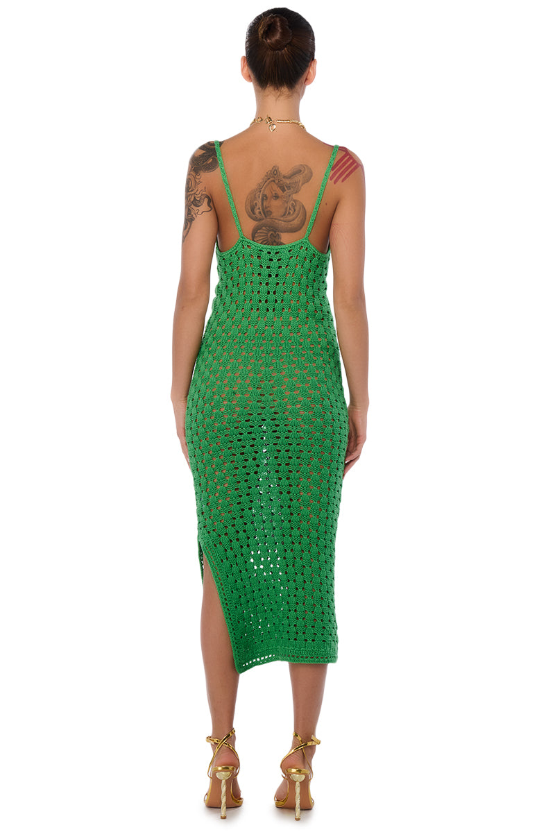 GREEN WITH ENVY CROCHET MIDI DRESS IN GREEN AKIRA GREEN WITH ENVY CROCHET MIDI DRESS IN GREEN AKIRA