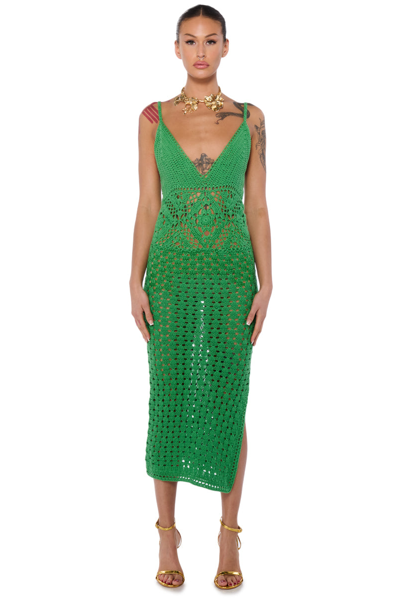 GREEN WITH ENVY CROCHET MIDI DRESS IN GREEN AKIRA GREEN WITH ENVY CROCHET MIDI DRESS IN GREEN AKIRA