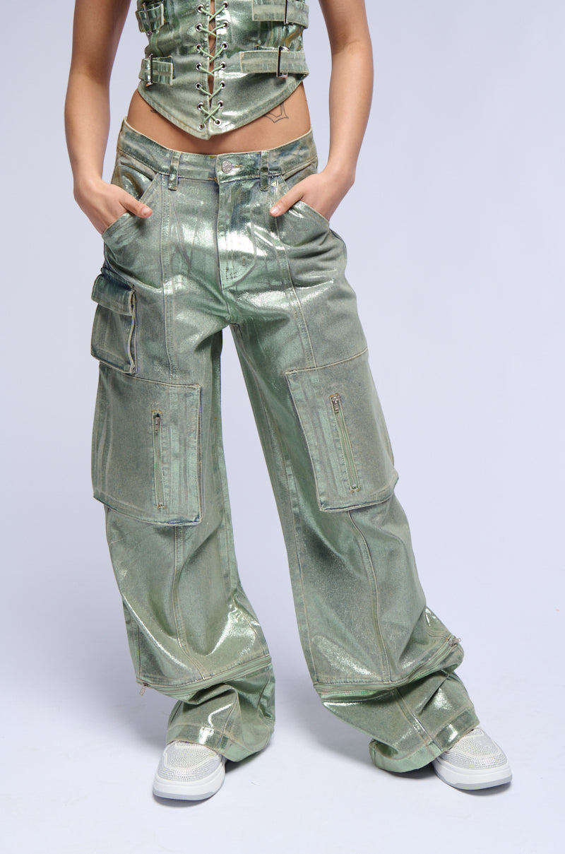 Front View Green With Envy Metallic Wide Leg Cargo Pant 0