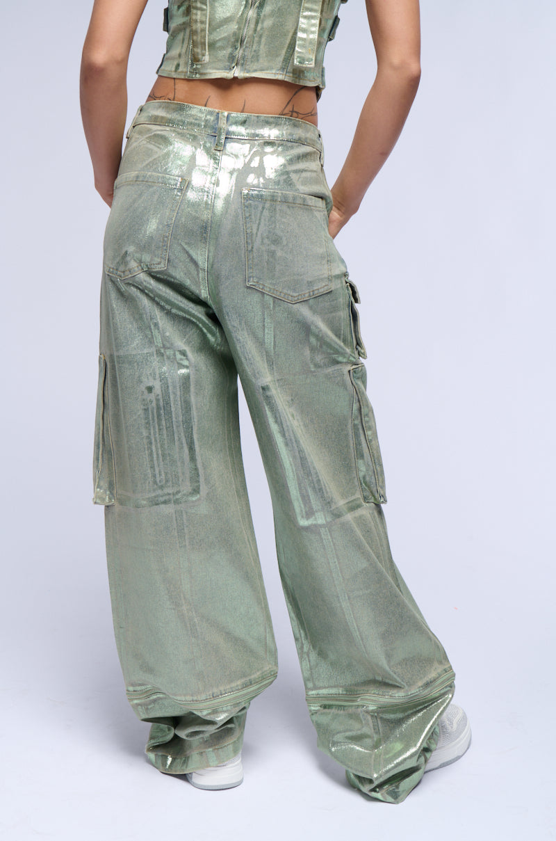 Detail View Green With Envy Metallic Wide Leg Cargo Pant 3