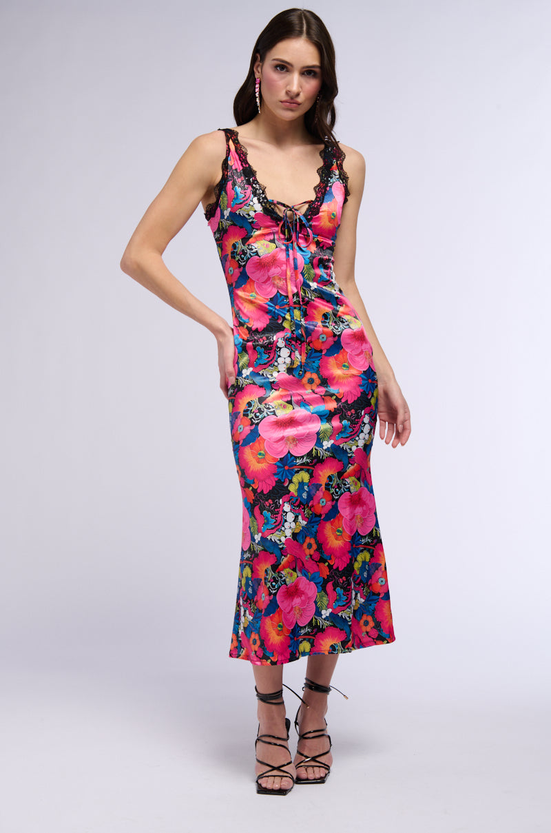 Side View Groovy Baby Printed Satin Midi Dress