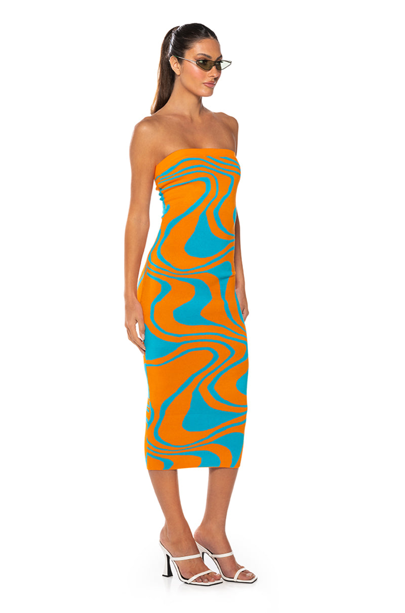 Side View Groovy Girl Swirl Strapless Knit Midi Dress