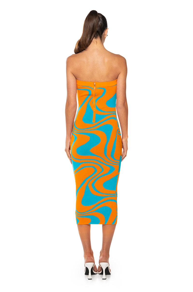 Detail View Groovy Girl Swirl Strapless Knit Midi Dress