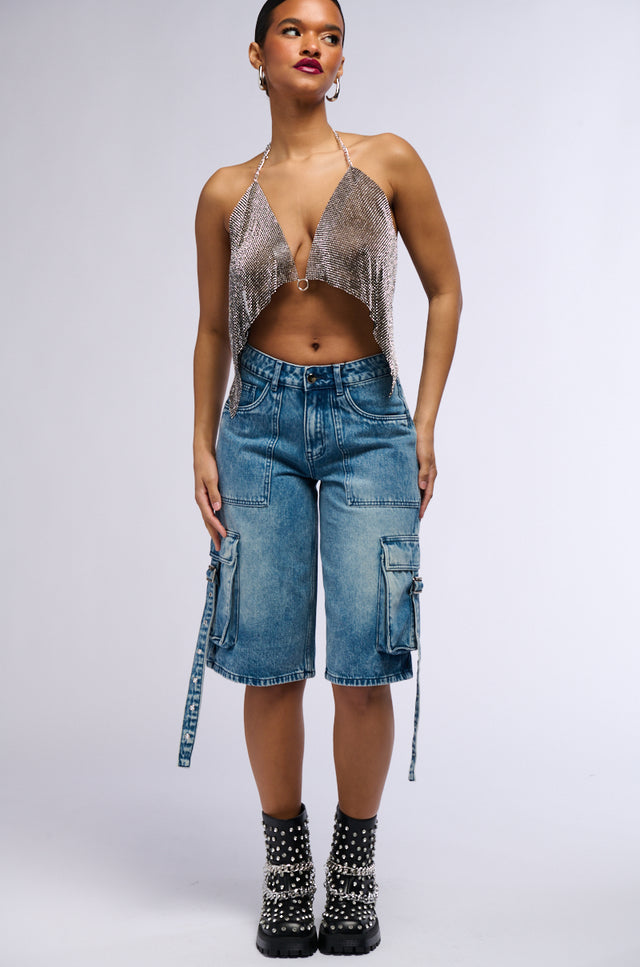 Rhinestone Bralette top Short Set