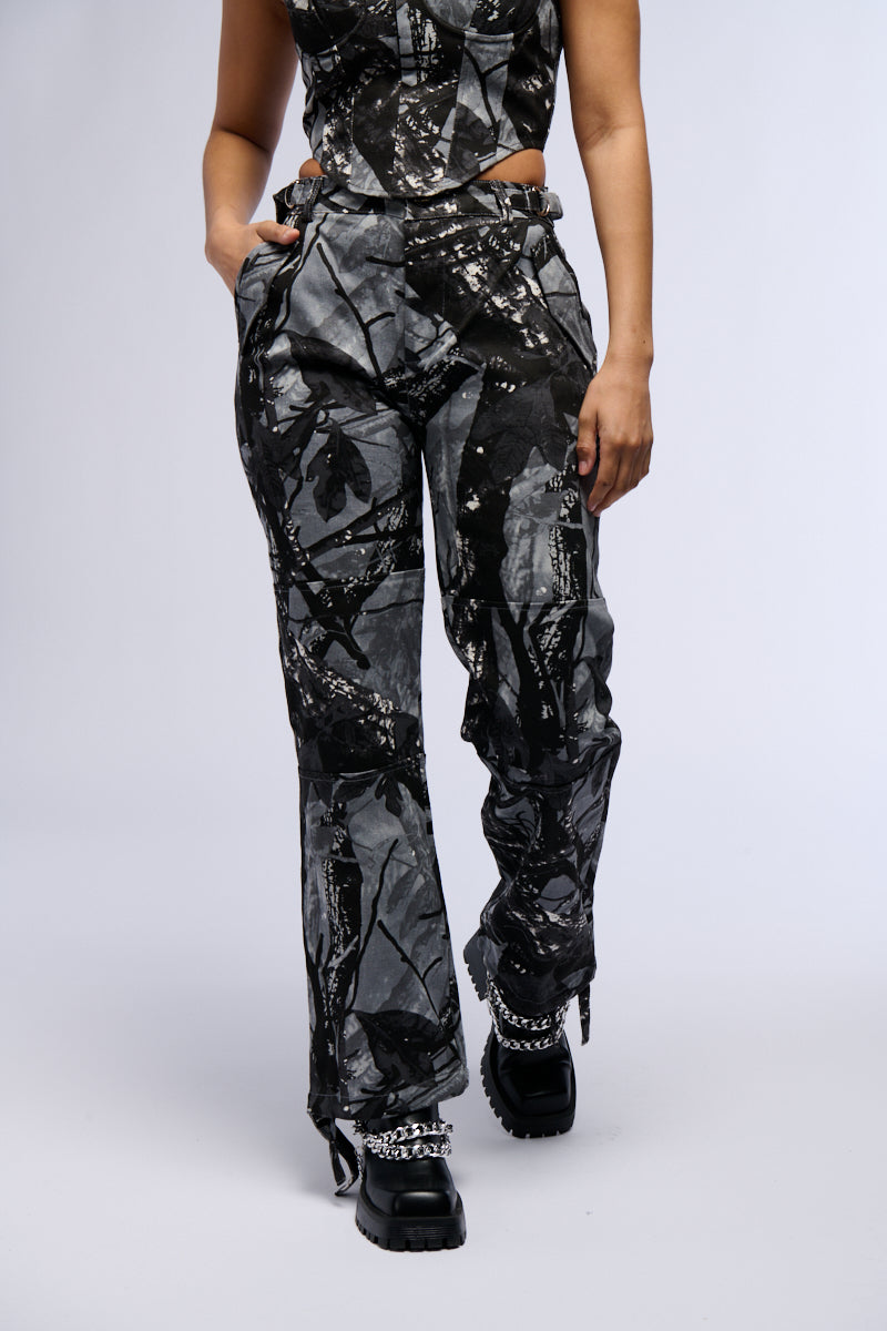 Front View Grounded Energy Printed Woven Wide Leg Cargo Pant 0
