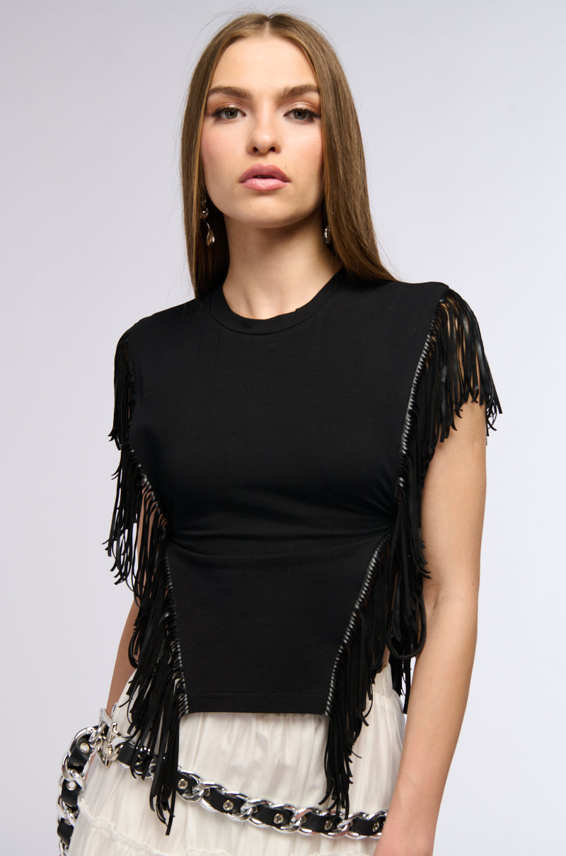 GRUNGE GIRL FAUX LEATHER FRINGE TSHIRT view 0