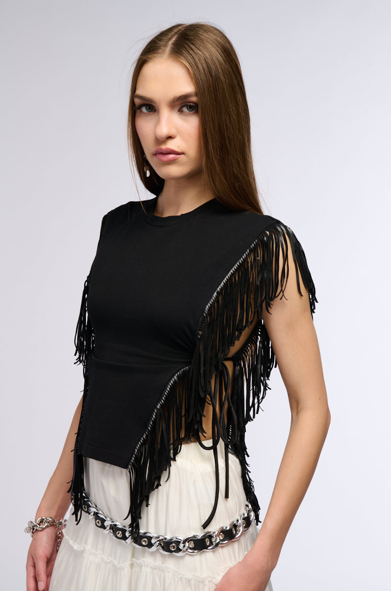 Back View Grunge Girl Faux Leather Fringe Tshirt