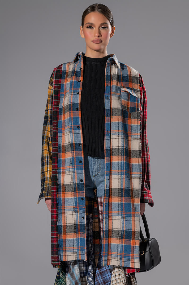 Front View Grunge Girl Mixed Patchwork Oversized Long Plaid Top