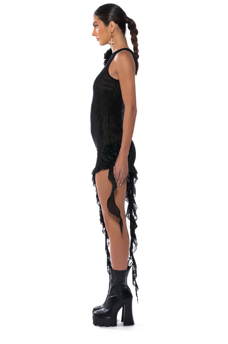 Full View Hailey Sleeveless Asymmetrical Ruffle Mesh Midi Dress