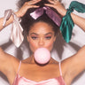 Front View Hair Slick Back Satin Scrunchie Set in Pink Multi