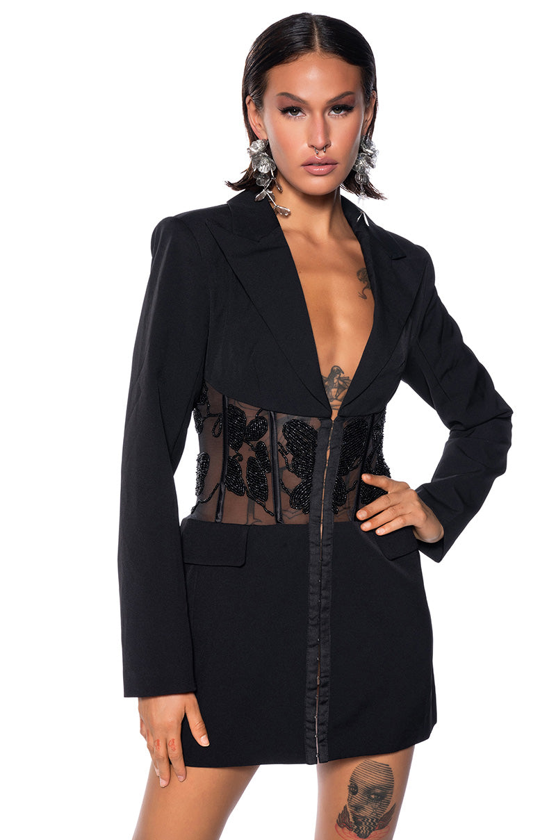 Front View Hand Beaded Mesh Corset Blazer