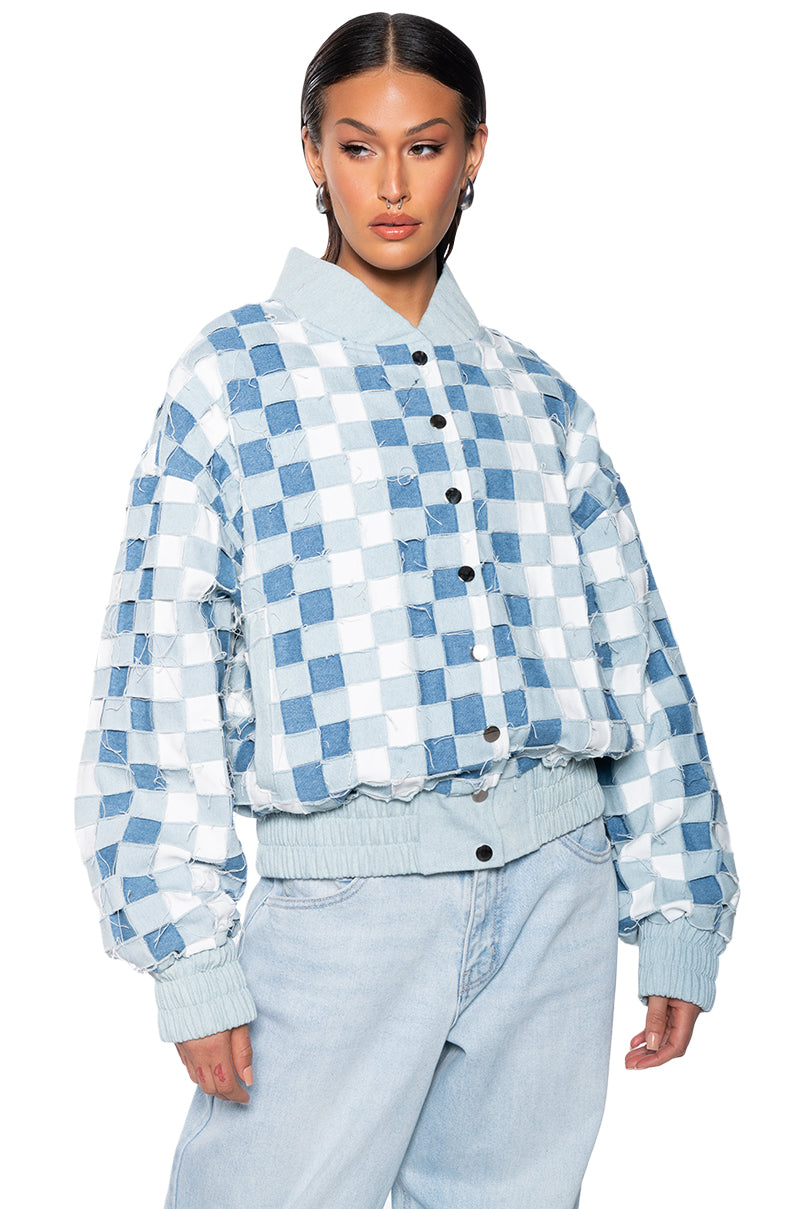 Side View Hand Weave Distressed Denim Bomber