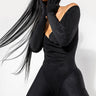 Front View Hands Off V Neck Gloved Long Sleeve Bodysuit