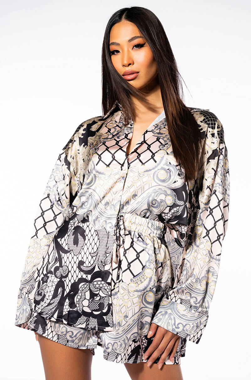 Front View Hannah Button Down Blouse And Shorts Set