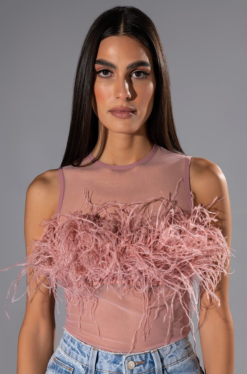 Front View Happily Ever After Sleeveless Feather Top In Blush